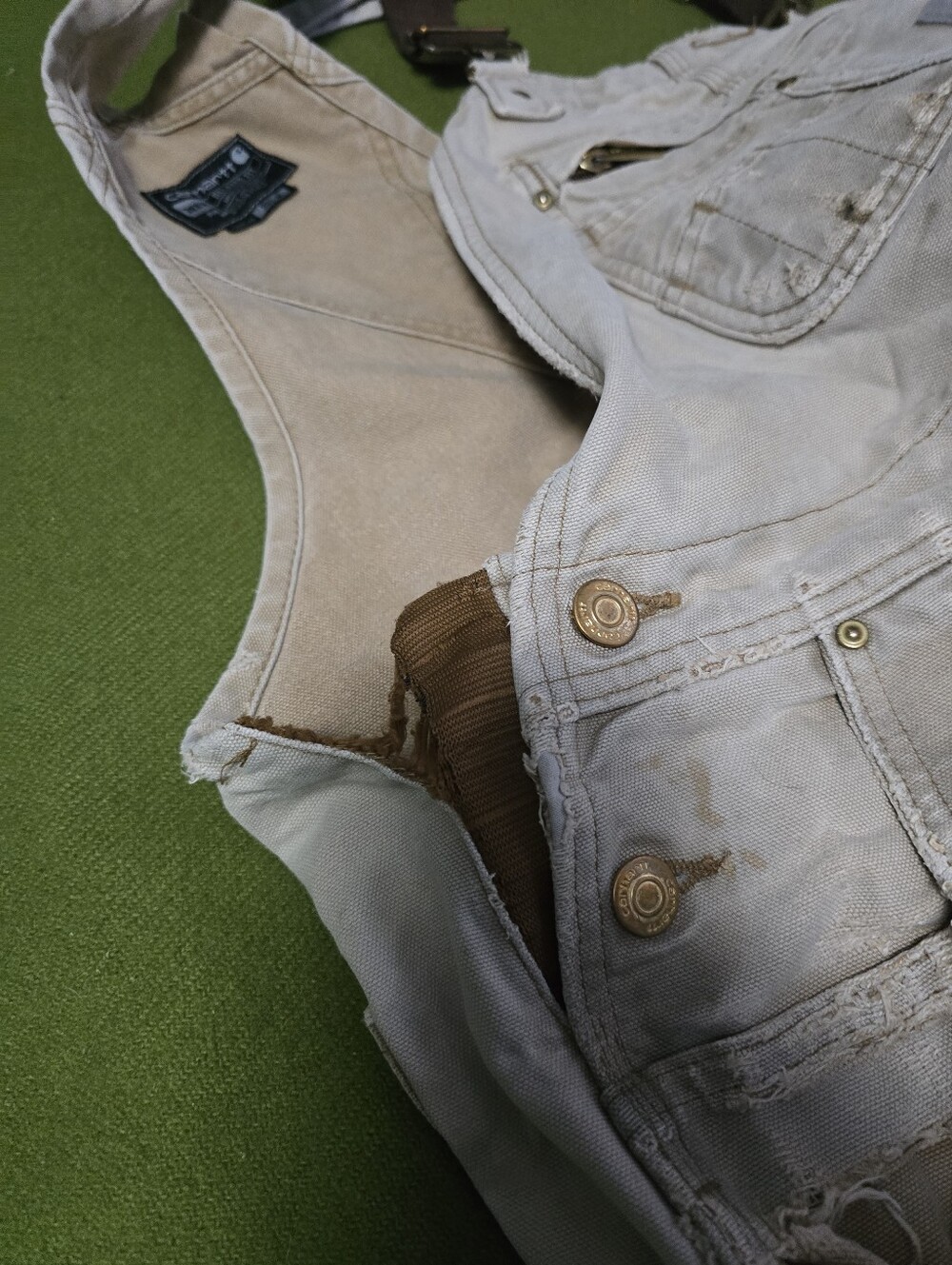 Distressed Carhartt Denim Bib Overalls with Dark Brown Straps - Picture 5 of 6